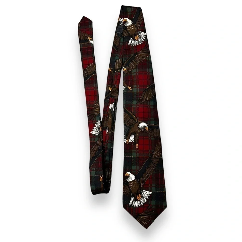 VTG Silk Tie Bald Eagle Novelty Print Red Green Plaid Background USA Patriotic